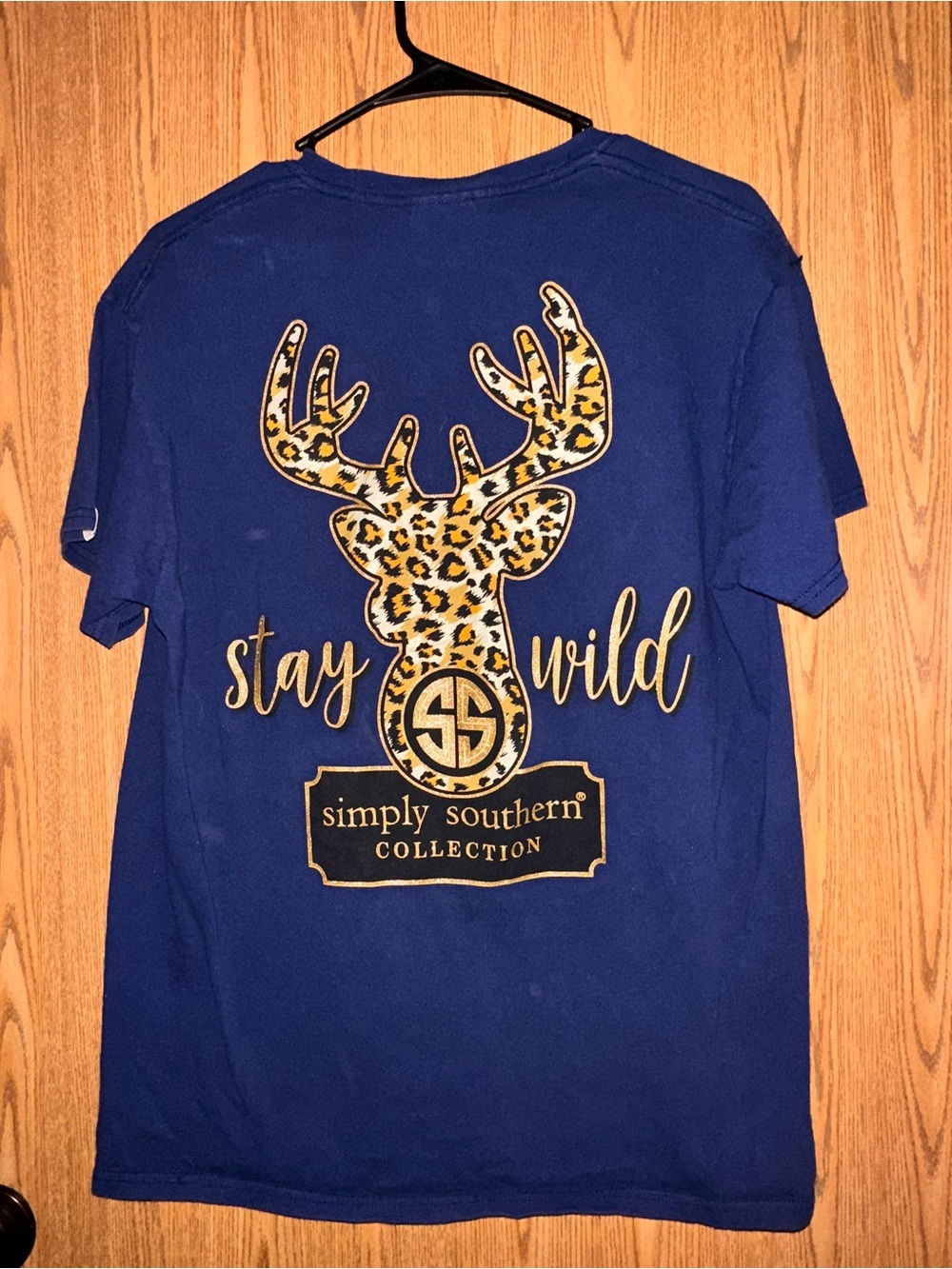 Simply Southern Royal Blue Tee with Leopard Antler Deer and Gold Script